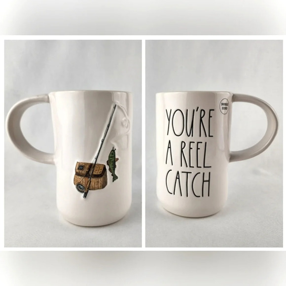 Rae Dunn Artisan Double Sided YOU'RE A REEL CATCH Fishing Tall White Green Mug - Picture 1 of 12